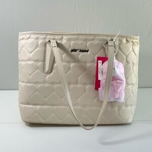 NWT Betsey Johnson Chalk Quilted Heart Tote w/ Pink Bear Charm